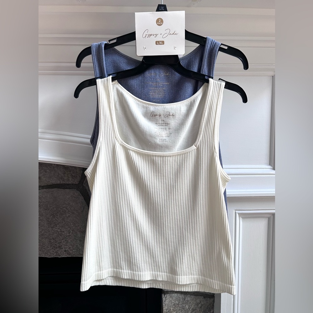 Cream and Blue Ribbed Tank Tops by